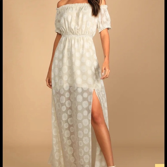 Lulus Off the Shoulder Maxi Dress Cream Floral Jacquard Womens Small - Picture 1 of 5